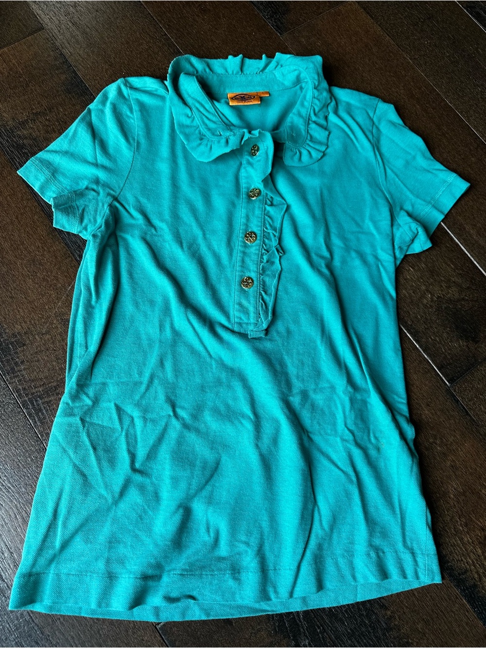 Tory Burch Lidia Ruffle Polo Golf Minimalist Office Shirt Gold Buttons Womens S